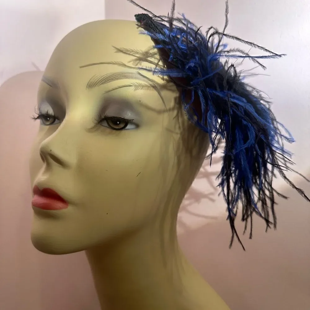 Taissa Lada Handmade Feather Fascinator Maribou Satin Lace Blue Black